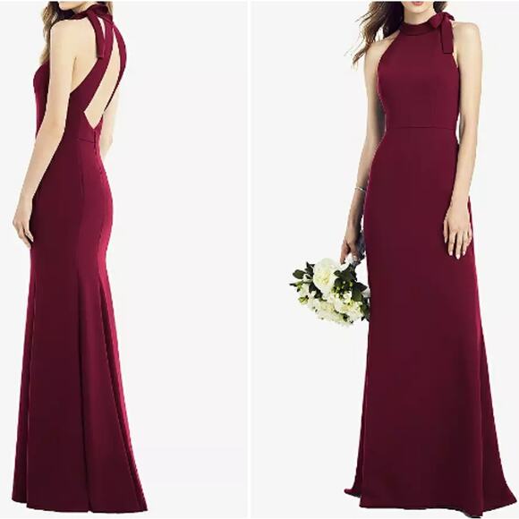 After Six Bow-Neck Open-Back Trumpet Gown in Cabernet - Picture 1 of 8